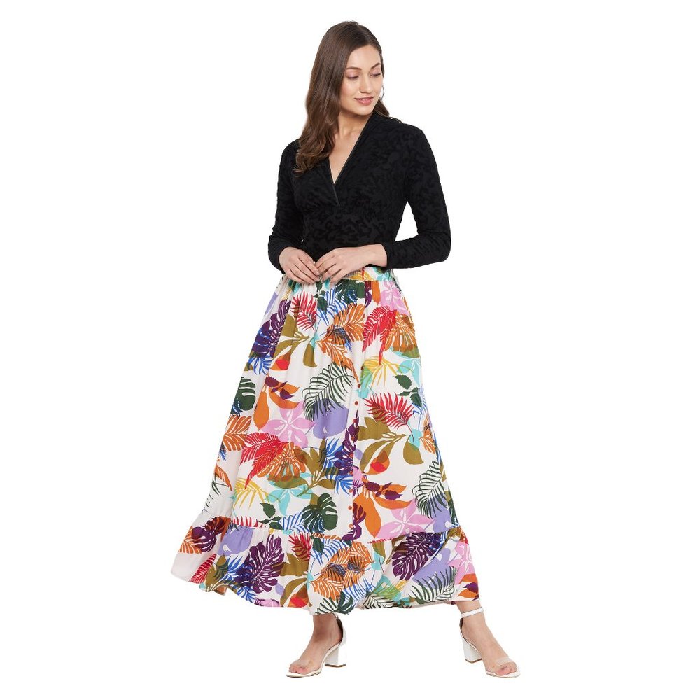 Tropical Leaf Print Multicolor Micro Poly Skirt for Women - Picture 6 of 7
